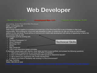 Web Developer
• Median Salary- $63,490 Unemployment Rate- 3.4% Expected Job Openings- 39,500
Job Listing- Junior Front-End Web Developer
Gathr - Los Angeles, CA
$65,000 a year
Gathr brings people together to crowdsource screenings of the films they'd like to see at theaters in their local
communities. We're looking for a front-end web developer to help us modernize our site and bring our technological
platform to the next level. Focus will be on front-end and mobile web development with plenty of opportunity to delve into
the business logic as well.
Technologies you'll be working with:
• LAMP
• Symfony Framework 1.4
• Zend Framework
• Bootstrap 2 & 3
• jQuery
• Raw Javascript
• CSS 3 and responsive design principles
If interested, please apply with resume, cover letter and link to your portfolio, and answer the following questions:
• 1. What level of experience do you have with PHP and MySQL?
• 2. How comfortable are you converting fixed-width layouts to responsive layouts?
• 3. Tell us about your experience with mobile development.
• 4. What is your level of familiarity with working in a linux environment?
Job Type: Full-time
Salary: $65,000.00 /year
source<,http://www.indeed.com/cmp/Gathr/jobs/Junior-Front-End-Web-Developer-f2651f2b2dec5e01?q=web+developer>
Technical Skills
 