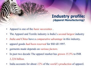 Industry profile:
                                          (Apparel Manufacturing)


• Apparel is one of the basic necessities .
• The Apparel and Textile industry is India’s second largest industry
• India and China have a comparative advantage in this industry.
• apparel goods had been reserved for SSI till 1997.
• garments made depends on various factors.
• In past two decade The apparel market has grown 15.5% to INR
   1,224 billion.
• India accounts for about 12% of the world’s production of apparel.
 