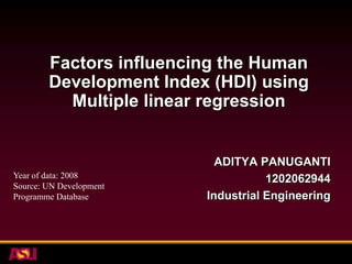 Factors influencing the Human Development Index (HDI) using Multiple linear regression ADITYA PANUGANTI 1202062944 Industrial Engineering Year of data: 2008 Source: UN Development Programme Database 