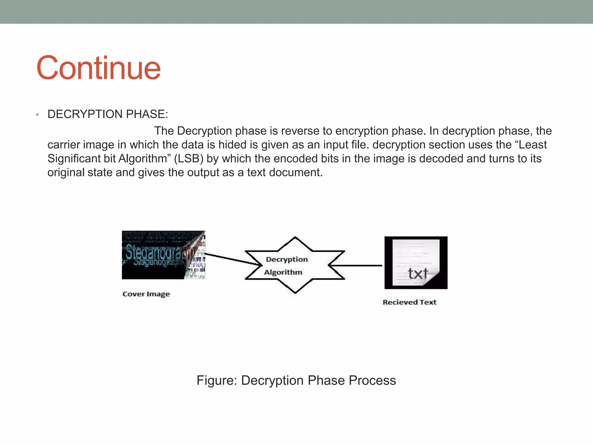 Continue
• DECRYPTION PHASE:
The Decryption phase is reverse to encryption phase. In decryption phase, the
carrier image in which the data is hided is given as an input file. decryption section uses the “Least
Significant bit Algorithm” (LSB) by which the encoded bits in the image is decoded and turns to its
original state and gives the output as a text document.
Figure: Decryption Phase Process
 