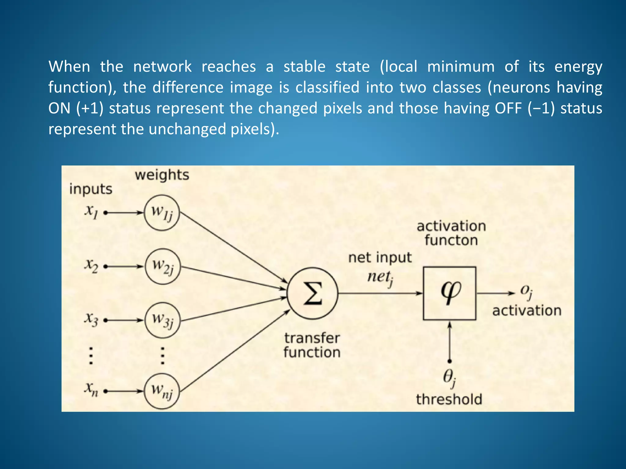 When the network reaches a stable state (local minimum of its energy
function), the difference image is classified into two classes (neurons having
ON (+1) status represent the changed pixels and those having OFF (−1) status
represent the unchanged pixels).
 