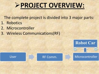 PROJECT OVERVIEW:
The complete project is divided into 3 major parts:
1. Robotics
2. Microcontroller
3. Wireless Communications(RF)
User RF Comm. Microcontroller
Robot Car
 