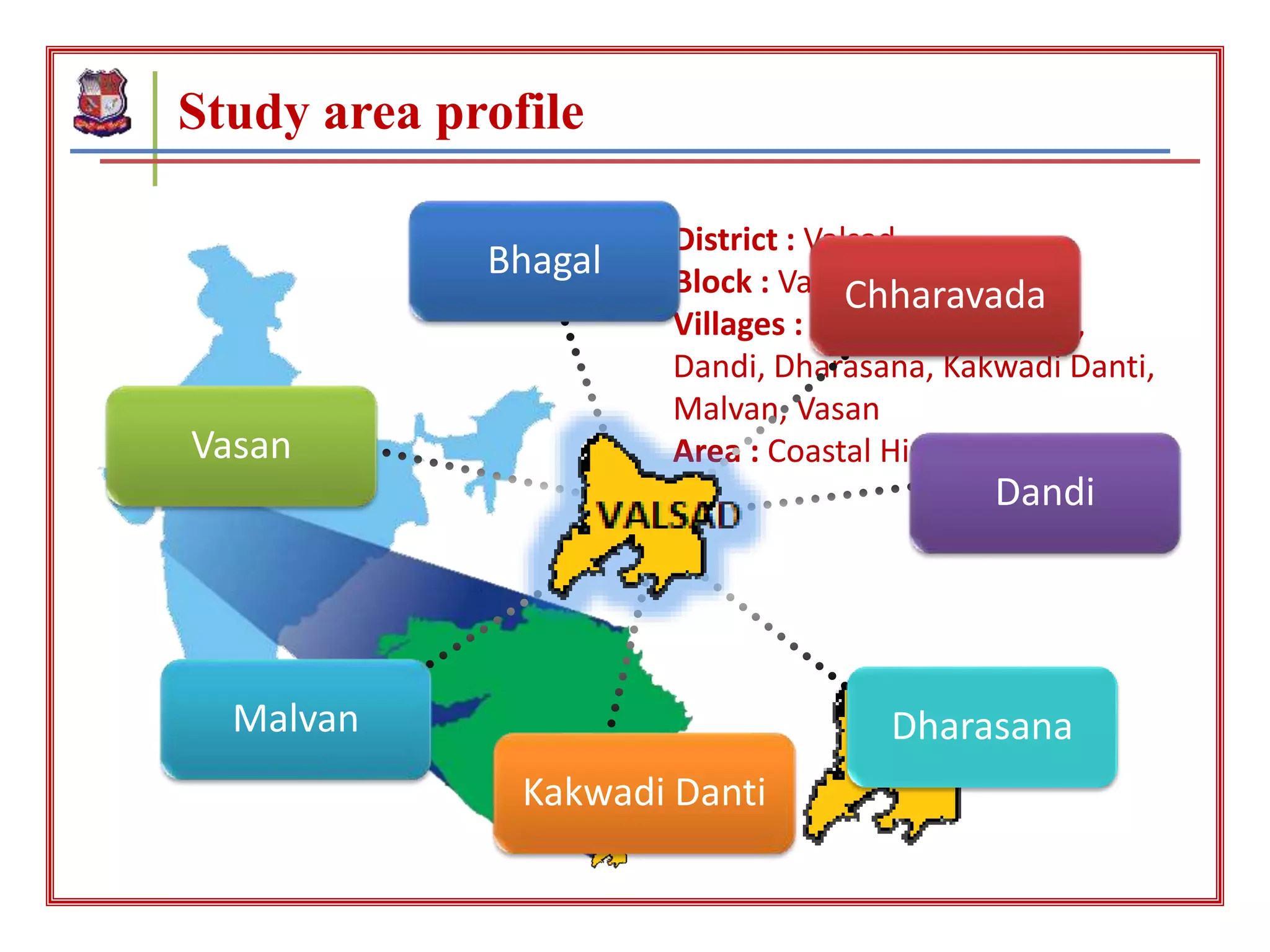Study area profile
District : Valsad
Block : Valsad
Villages : Bhagal, Chharvada,
Dandi, Dharasana, Kakwadi Danti,
Malvan, Vasan
Area : Coastal HighwayVasan
Malvan
Dandi
Kakwadi Danti
Dharasana
Bhagal
Chharavada
 