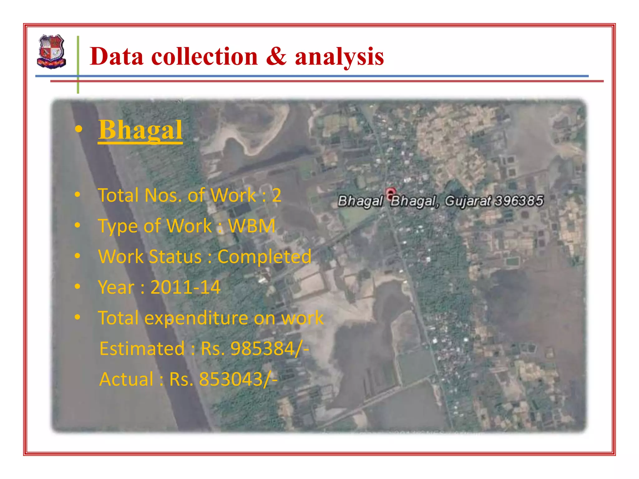 • Vasan
• Total Nos. of Work : 5
• Type of Work : WBM
• Work Status : Completed
• Year : 2011-14
• Total expenditure on work
Estimated : Rs. 2219412/-
Actual : Rs. 1533234/-
• Malvan
• Total Nos. of Work : 2
• Type of Work : WBM
• Work Status : Completed
• Year : 2012-14
• Total expenditure on work
Estimated : Rs. 1000000/-
Actual : Rs. 931749/-
• Kakwadi Danti
• Total Nos. of Work : 2
• Type of Work : WBM
• Work Status : Completed
• Year : 2013-14
• Total expenditure on work
Estimated : Rs. 1000000/-
Actual : Rs. 769502/-
Data collection & analysis
• Dharasana
• Total Nos. of Work : 2
• Type of Work : WBM
• Work Status : Completed
• Year : 2011-14
• Total expenditure on work
Estimated : Rs. 749267/-
Actual : Rs. 584115/-
• Dandi
• Total Nos. of Work : 4
• Type of Work : WBM
• Work Status : Completed
• Year : 2011-14
• Total expenditure on work
Estimated : Rs. 2000000/-
Actual : Rs. 1596588/-
• Chharawada
• Total Nos. of Work : 4
• Type of Work : WBM
• Work Status : Completed
• Year : 2011-14
• Total expenditure on work
Estimated : Rs. 1907012/-
Actual : Rs. 1187042/-
• Bhagal
• Total Nos. of Work : 2
• Type of Work : WBM
• Work Status : Completed
• Year : 2011-14
• Total expenditure on work
Estimated : Rs. 985384/-
Actual : Rs. 853043/-
 