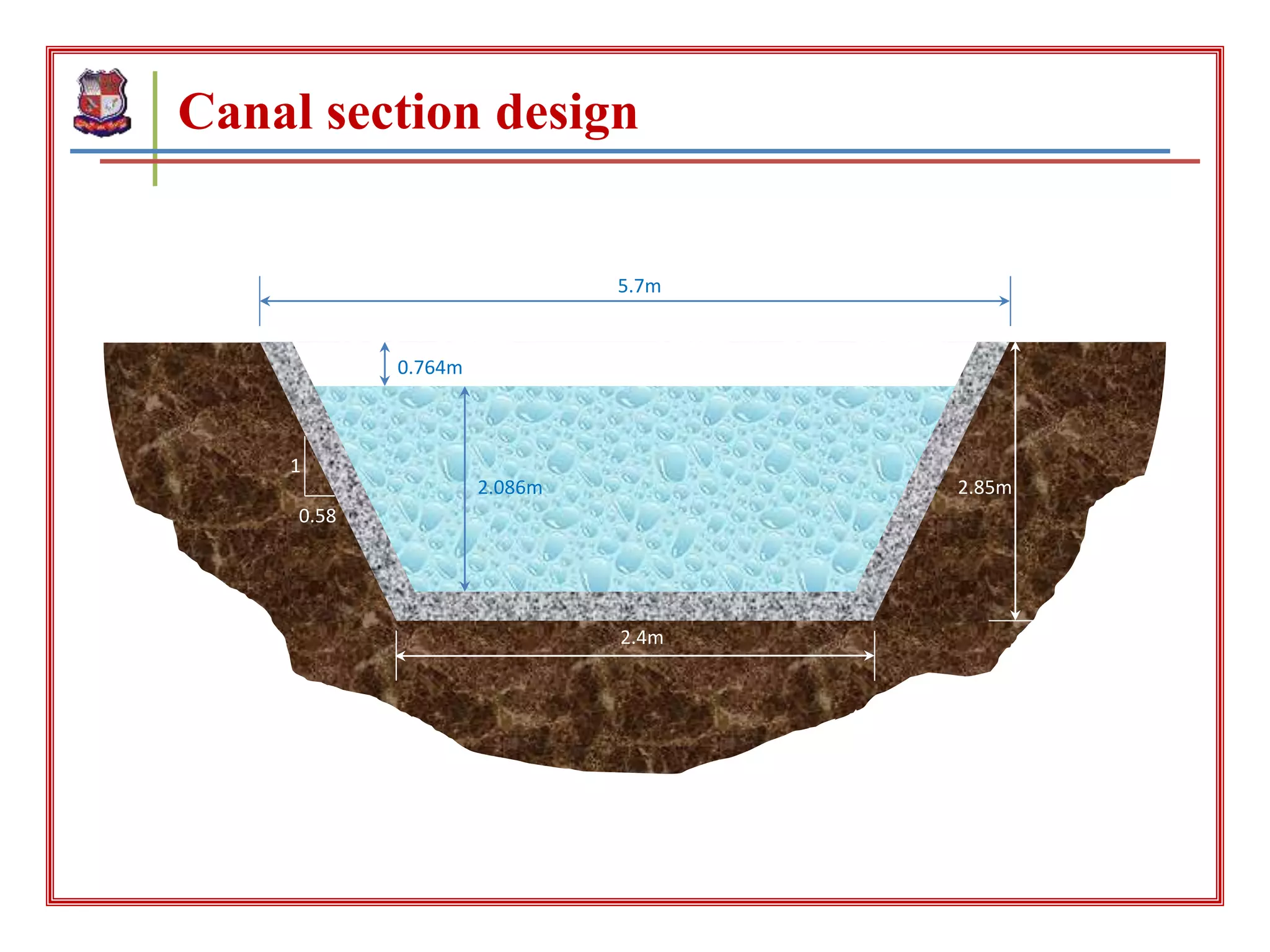 Canal section design
1
0.58
2.4m
2.85m2.086m
0.764m
5.7m
 