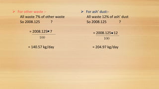  For other waste :-
All waste 7% of other waste
So 2008.125 ?
= 2008.125 7
= 140.57 kg/day
100
 For ash’ dust:-
All waste 12% of ash’ dust
So 2008.125 ?
= 2008.125 12
100
= 204.97 kg/day
 