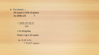  For plastic :-
All waste 2.55% of plastic
So 2008.125 ?
= 2008.125 2.55
100
= 51.20 kg/day
Plastic 1 kg is 10 rupees
So 51.20 10
= 512.07 rupees
 