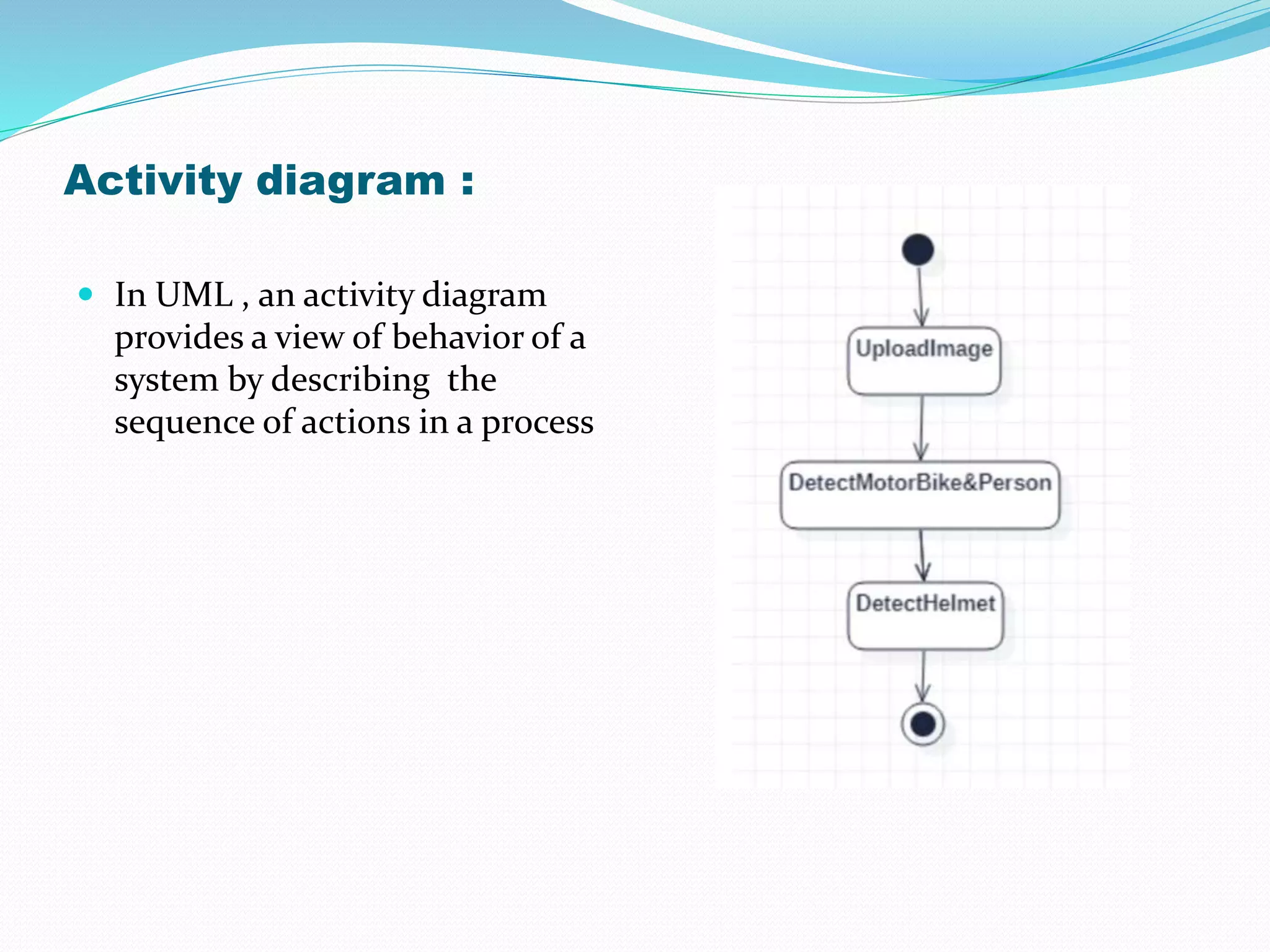 Activity diagram :
 In UML , an activity diagram
provides a view of behavior of a
system by describing the
sequence of actions in a process
 