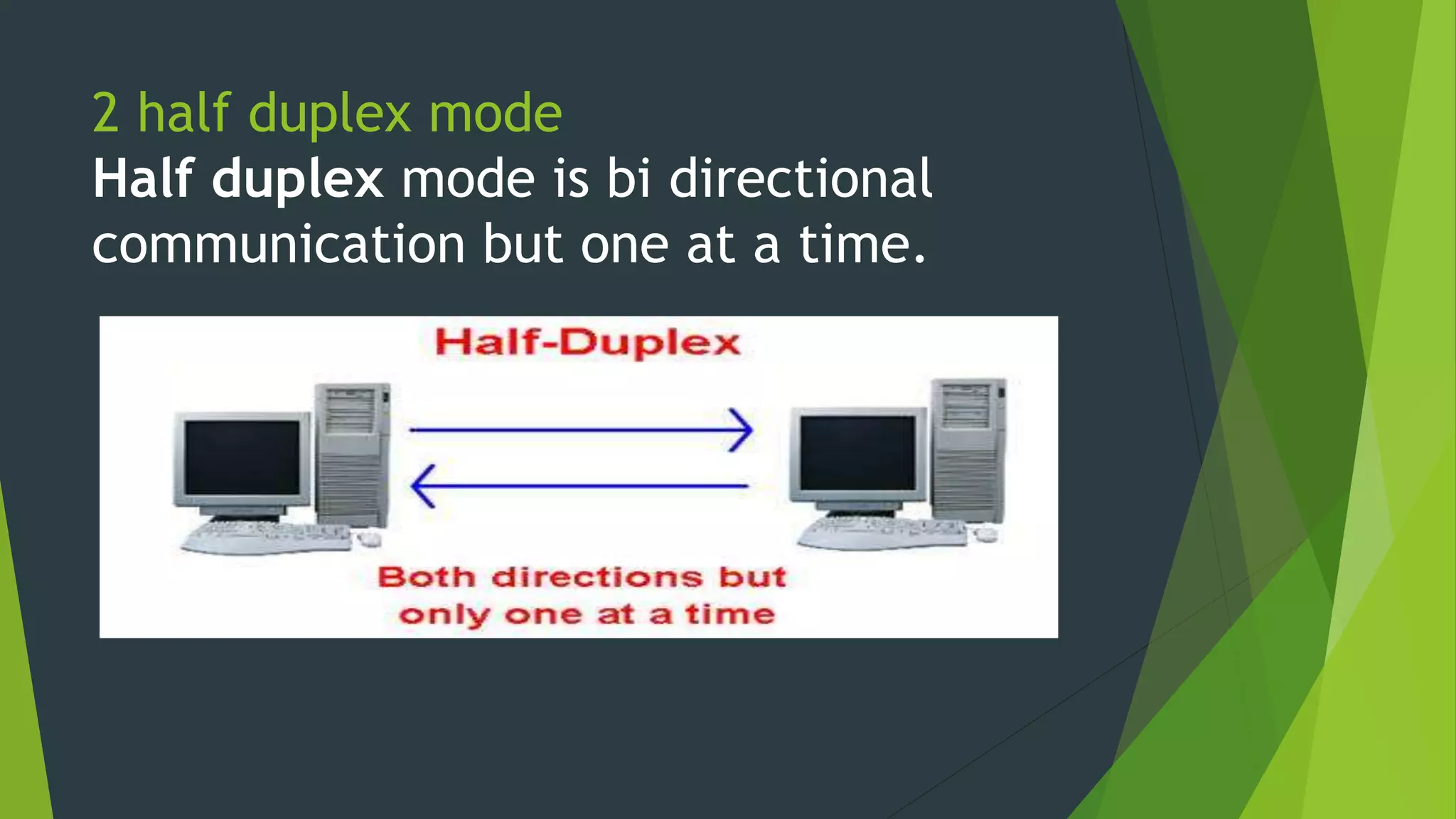 2 half duplex mode
Half duplex mode is bi directional
communication but one at a time.
