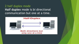 2 half duplex mode
Half duplex mode is bi directional
communication but one at a time.
 