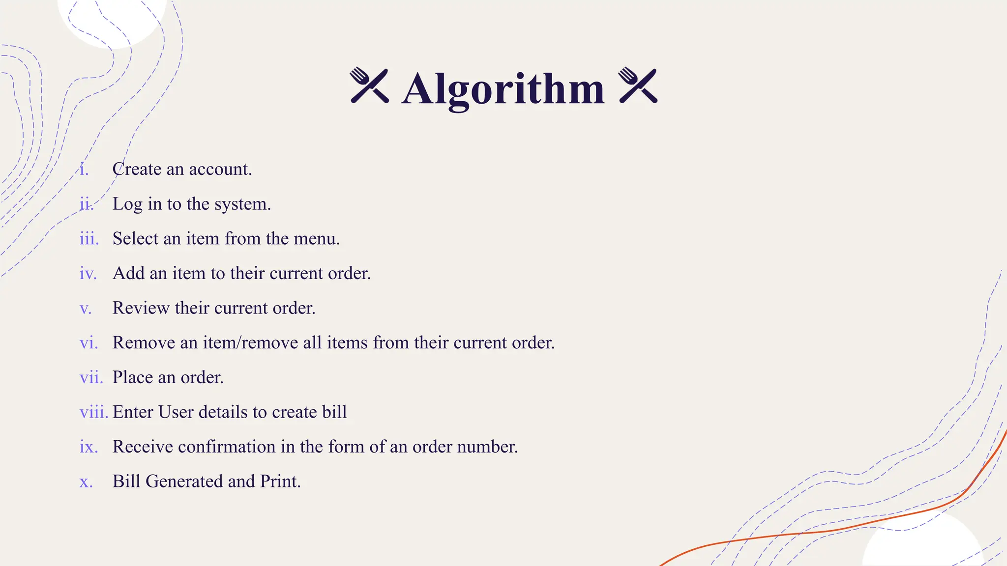 i. Create an account.
ii. Log in to the system.
iii. Select an item from the menu.
iv. Add an item to their current order.
v. Review their current order.
vi. Remove an item/remove all items from their current order.
vii. Place an order.
viii. Enter User details to create bill
ix. Receive confirmation in the form of an order number.
x. Bill Generated and Print.
Algorithm
 
