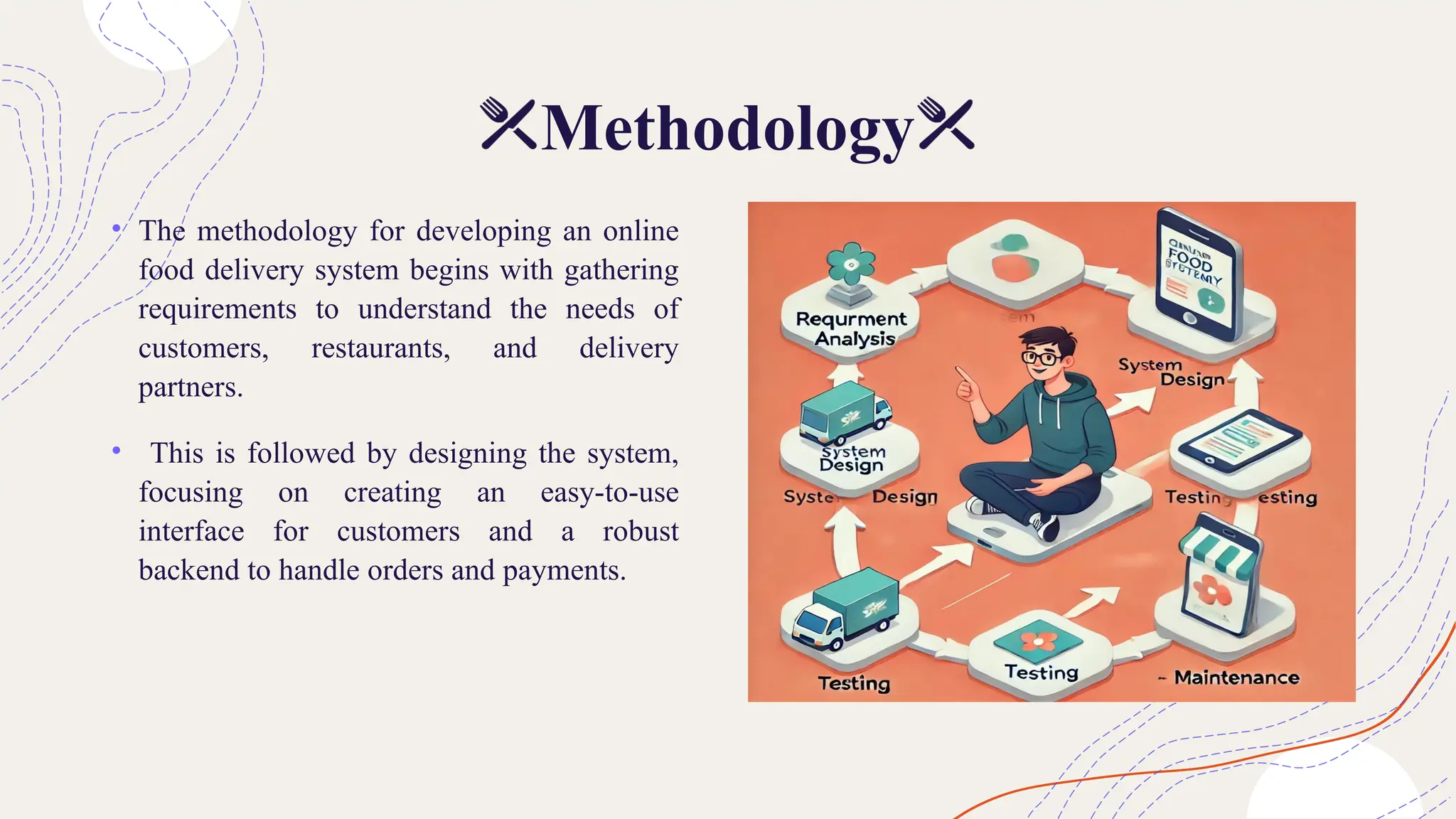 Methodology
• The methodology for developing an online
food delivery system begins with gathering
requirements to understand the needs of
customers, restaurants, and delivery
partners.
• This is followed by designing the system,
focusing on creating an easy-to-use
interface for customers and a robust
backend to handle orders and payments.
 