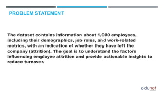 PROBLEM STATEMENT
The dataset contains information about 1,000 employees,
including their demographics, job roles, and work-related
metrics, with an indication of whether they have left the
company (attrition). The goal is to understand the factors
influencing employee attrition and provide actionable insights to
reduce turnover.
 