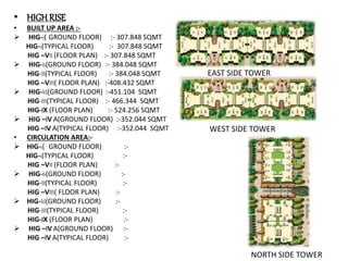 • HIGH RISE
• BUILT UP AREA :-
 HIG-i( GROUND FLOOR) :- 307.848 SQMT
HIG-i(TYPICAL FLOOR) :- 307.848 SQMT
HIG –VII (FLOOR PLAN) :- 307.848 SQMT
 HIG-Ii(GROUND FLOOR) :- 384.048 SQMT
HIG-II(TYPICAL FLOOR) :- 384.048 SQMT
HIG –VIII( FLOOR PLAN) :-408.432 SQMT
 HIG-IiI(GROUND FLOOR) :-451.104 SQMT
HIG-III(TYPICAL FLOOR) :- 466.344 SQMT
HIG-IX (FLOOR PLAN) :- 524.256 SQMT
 HIG –IV A(GROUND FLOOR) :-352.044 SQMT
HIG –IV A(TYPICAL FLOOR) :-352.044 SQMT
• CIRCULATION AREA:-
 HIG-i( GROUND FLOOR) :-
HIG-i(TYPICAL FLOOR) :-
HIG –VII (FLOOR PLAN) :-
 HIG-Ii(GROUND FLOOR) :-
HIG-II(TYPICAL FLOOR) :-
HIG –VIII( FLOOR PLAN) :-
 HIG-IiI(GROUND FLOOR) :-
HIG-III(TYPICAL FLOOR) :-
HIG-IX (FLOOR PLAN) :-
 HIG –IV A(GROUND FLOOR) :-
HIG –IV A(TYPICAL FLOOR) :-
EAST SIDE TOWER
WEST SIDE TOWER
NORTH SIDE TOWER
 