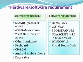 Hardware/software requirement
 HTML V5.0
 CSS V3.0
 BOOTSTRAP V5.2
 JAVA SCRIPT V5.0
 JQUERY V3.6.0
 WINDOW 10
 Visual Studio Code
 i3,AMD Ryzen 3 or
above
 4GB RAM or above
 20GB Hard Disk or
above
 Other hardware
 Keyboard
 CD-ROM
 Android mobile phone
 Data cable
Hardware requirement Software requirement
 