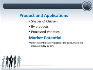 Product and Applications
• Shapes of Chicken
• By products
• Processed Varieties
Market Potential
Market Potential is very good as the consumption is
increasing day by day.
 