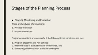 Stages of the Planning Process
■ Stage 5: Monitoring and Evaluation
There are two types of evaluations:
1. Process evaluation
2. Impact evaluations
Program evaluations are successful if the following three conditions are met:
1. Program objectives are well defined
2. Intended uses of evaluations are well-defined, and
3. Monitoring and evaluation plans are developed.
 