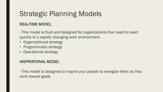 Strategic Planning Models
REAL-TIME MODEL
- This model is fluid and designed for organizations that need to react
quickly to a rapidly changing work environment.
• Organizational strategy
• Programmatic strategy
• Operational strategy
INSPIRATIONAL MODEL
- This model is designed to inspire your people to energize them as they
work toward goals
 