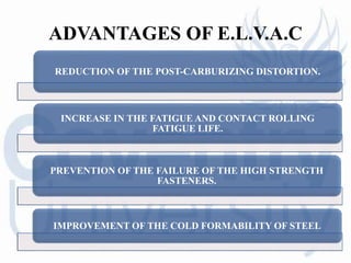 ADVANTAGES OF E.L.V.A.C
REDUCTION OF THE POST-CARBURIZING DISTORTION.
INCREASE IN THE FATIGUE AND CONTACT ROLLING
FATIGUE LIFE.
PREVENTION OF THE FAILURE OF THE HIGH STRENGTH
FASTENERS.
IMPROVEMENT OF THE COLD FORMABILITY OF STEEL
 