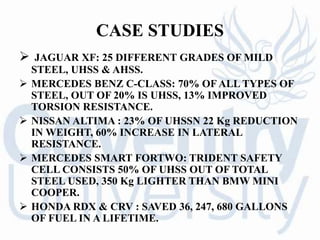 CASE STUDIES
 JAGUAR XF: 25 DIFFERENT GRADES OF MILD
STEEL, UHSS & AHSS.
 MERCEDES BENZ C-CLASS: 70% OF ALL TYPES OF
STEEL, OUT OF 20% IS UHSS, 13% IMPROVED
TORSION RESISTANCE.
 NISSAN ALTIMA : 23% OF UHSSN 22 Kg REDUCTION
IN WEIGHT, 60% INCREASE IN LATERAL
RESISTANCE.
 MERCEDES SMART FORTWO: TRIDENT SAFETY
CELL CONSISTS 50% OF UHSS OUT OF TOTAL
STEEL USED, 350 Kg LIGHTER THAN BMW MINI
COOPER.
 HONDA RDX & CRV : SAVED 36, 247, 680 GALLONS
OF FUEL IN A LIFETIME.
 