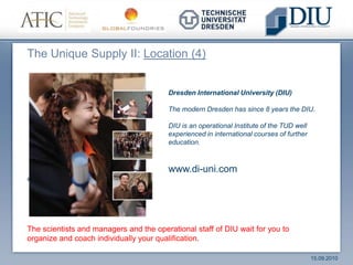 Patterns ofthe Project: Structureofthe ProjectPreparatoryCourseoptimal and specific preparation of the studentsenabling efficient and successful study course2 OPTIONSNanoelectronic Systems (M.Sc.)scientificprogramaimedtoeducateresearchersin thefieldofprocessortechnologyIndustrial Management in Microelectronics (M.Sc.)scientific program with strong orientation to managementaimed to educate managers for processor fabs