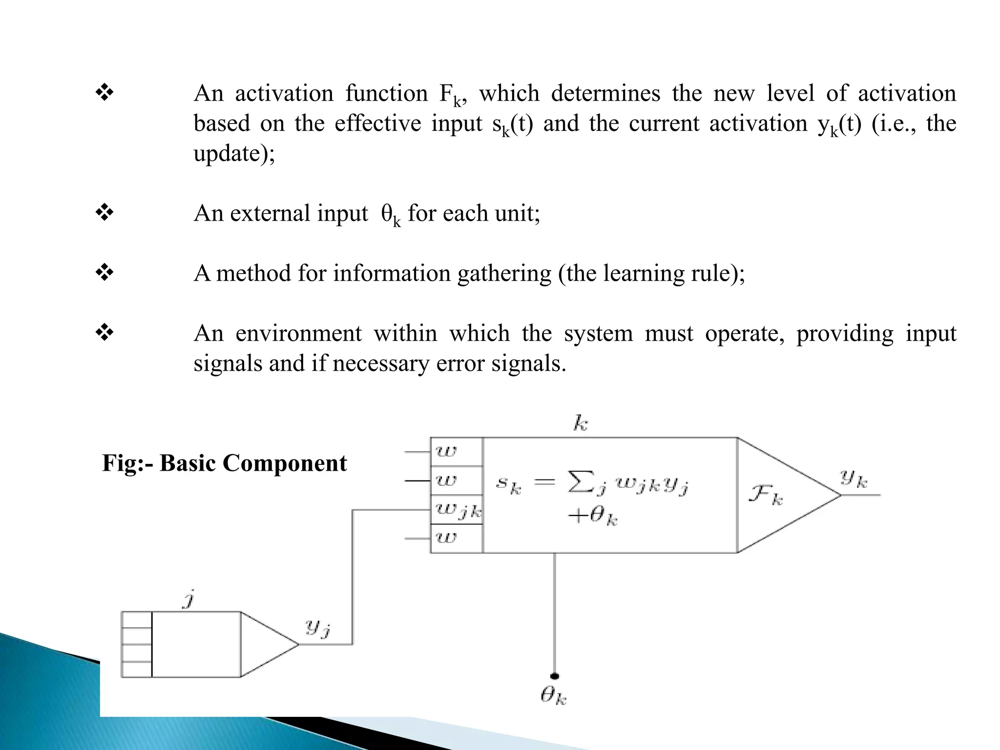 

An activation function Fk, which determines the new level of activation
based on the effective input sk(t) and the current activation yk(t) (i.e., the
update);



An external input θk for each unit;



A method for information gathering (the learning rule);



An environment within which the system must operate, providing input
signals and if necessary error signals.

Fig:- Basic Component

 