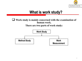 Southeast University

What is work study?
 Work study is mainly concerned with the examination of
human work.
There are two parts of work study:
Work Study

Method Study

Work
Measurement

7

 