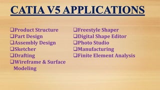 Product Structure
Part Design
Assembly Design
Sketcher
Drafting
Wireframe & Surface
Modeling
Freestyle Shaper
Digital Shape Editor
Photo Studio
Manufacturing
Finite Element Analysis
 