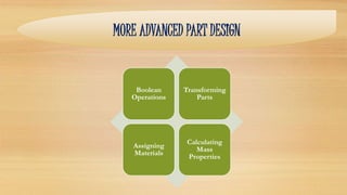 MORE ADVANCED PART DESIGN
Boolean
Operations
Transforming
Parts
Assigning
Materials
Calculating
Mass
Properties
 