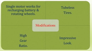 Single motor works for
recharging battery &
rotating wheels.
Tubeless
Tires.
High
Gear
Ratio.
Impressive
Look.
Modifications
 