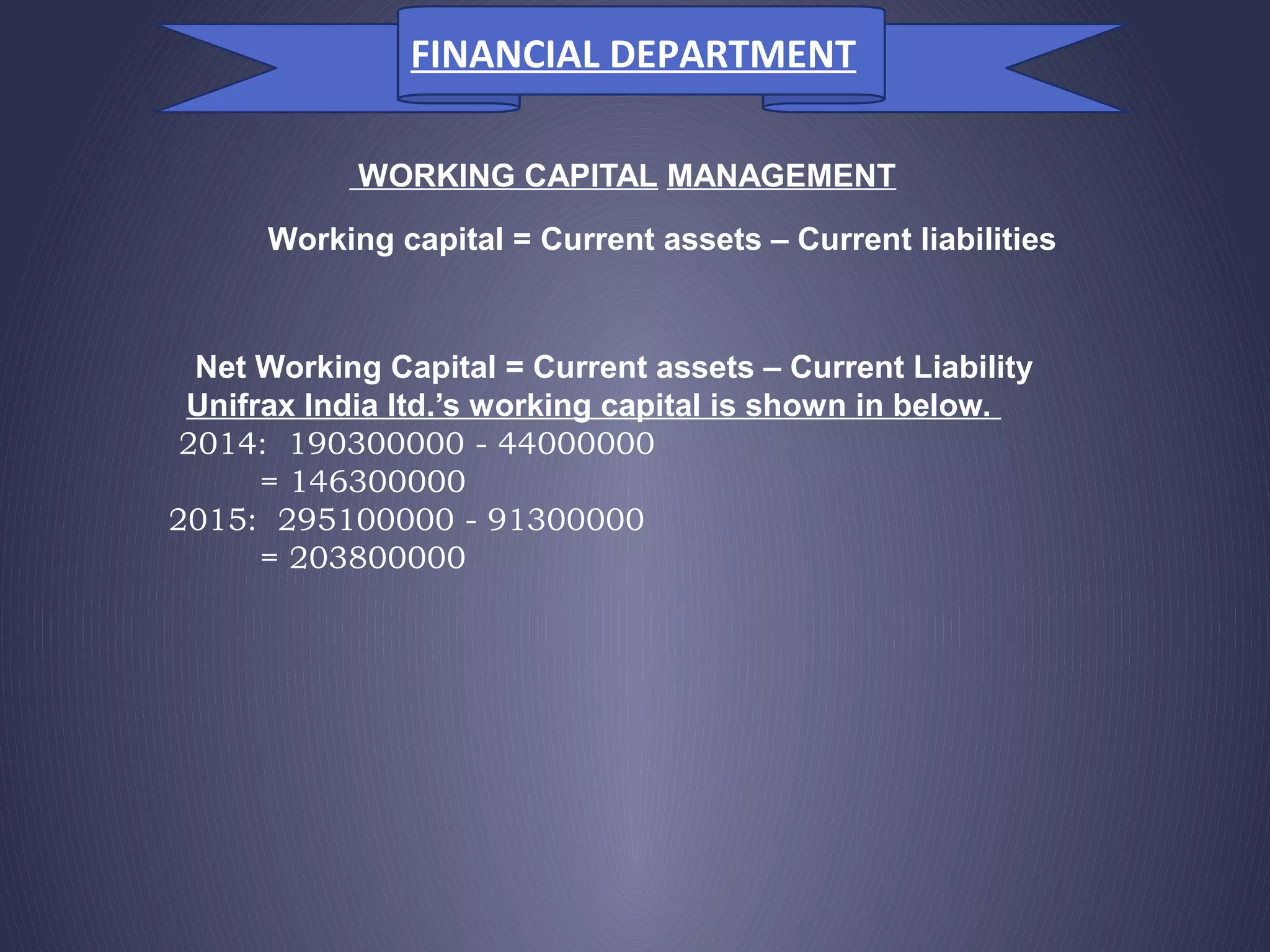 WORKING CAPITAL MANAGEMENT
Working capital = Current assets – Current liabilities
Net Working Capital = Current assets – Current Liability
Unifrax India ltd.’s working capital is shown in below.
2014: 190300000 - 44000000
= 146300000
2015: 295100000 - 91300000
= 203800000
FINANCIAL DEPARTMENT
 
