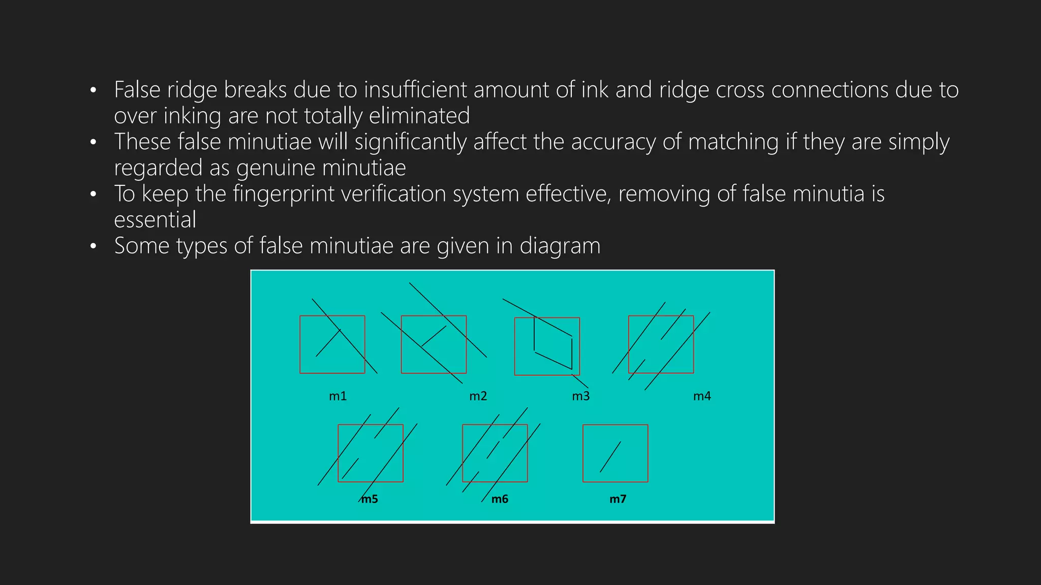 m5 m6 m7
• False ridge breaks due to insufficient amount of ink and ridge cross connections due to
over inking are not totally eliminated
• These false minutiae will significantly affect the accuracy of matching if they are simply
regarded as genuine minutiae
• To keep the fingerprint verification system effective, removing of false minutia is
essential
• Some types of false minutiae are given in diagram
m1 m2 m3 m4
 