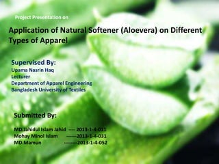 Project Presentation on
Application of Natural Softener (Aloevera) on Different
Types of Apparel
Supervised By:
Upama Nasrin Haq
Lecturer
Department of Apparel Engineering
Bangladesh University of Textiles
Submitted By:
MD.Jahidul Islam Jahid ---- 2013-1-4-011
Mohay Minol Islam ------2013-1-4-031
MD.Mamun --------2013-1-4-052
 