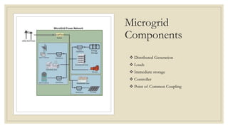 Microgrid
Components
 Distributed Generation
 Loads
 Immediate storage
 Controller
 Point of Common Coupling
 