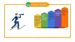 31
Future Scopes
Can be used
in all kind of
educational
institution
as well as in
corporate
world
Can be
used
anywhere
any time
Design to
facilitate
administr
-ator and
user
Create an
administrat
-or app.
Add live
communica
-tion
system
 