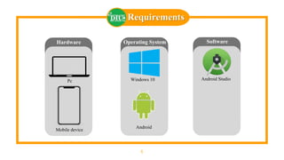 Requirements
6
Hardware
Mobile device
Pc
Operating System
Android
Windows 10
Software
Android Studio
 