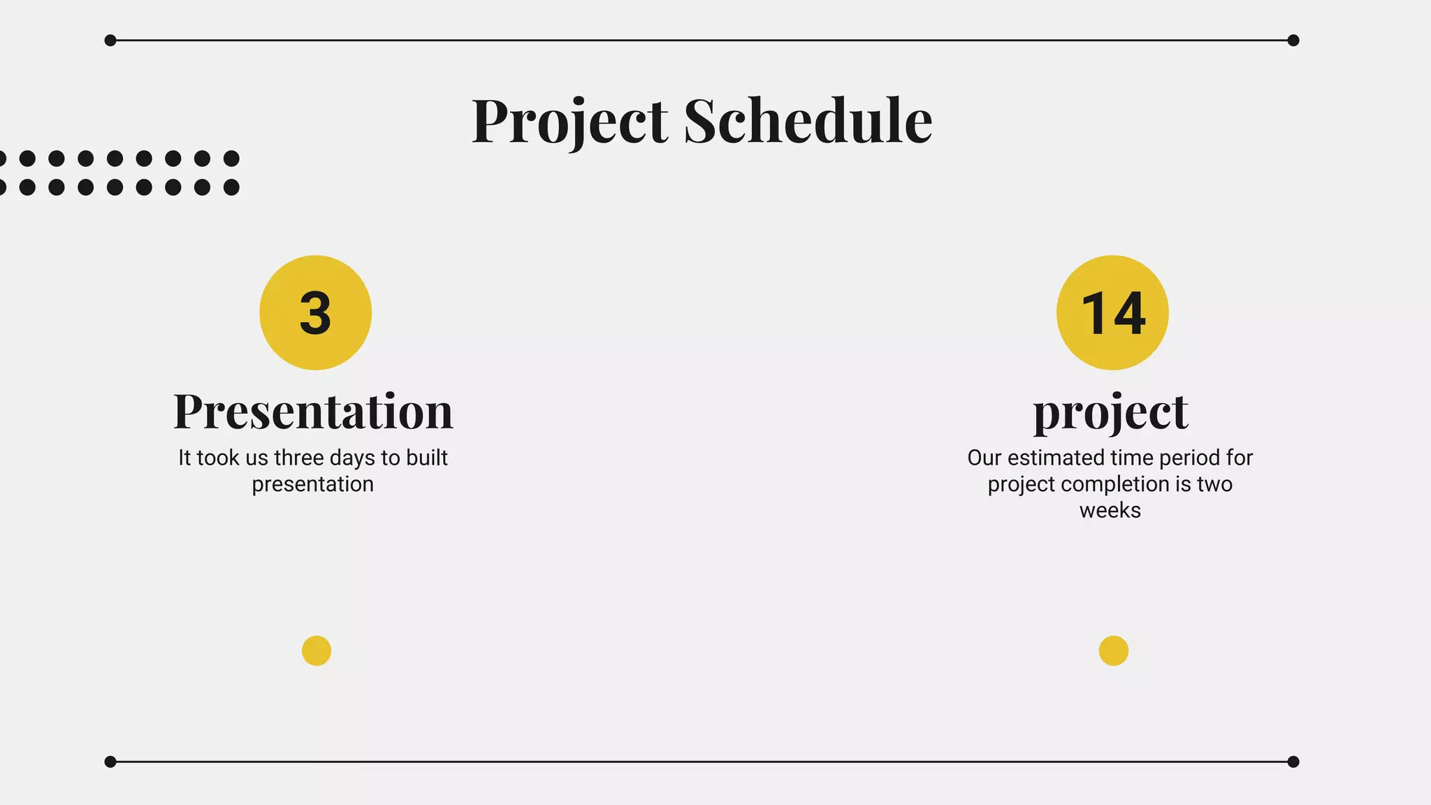 Project Schedule
Presentation
It took us three days to built
presentation
project
Our estimated time period for
project completion is two
weeks
3 14
 