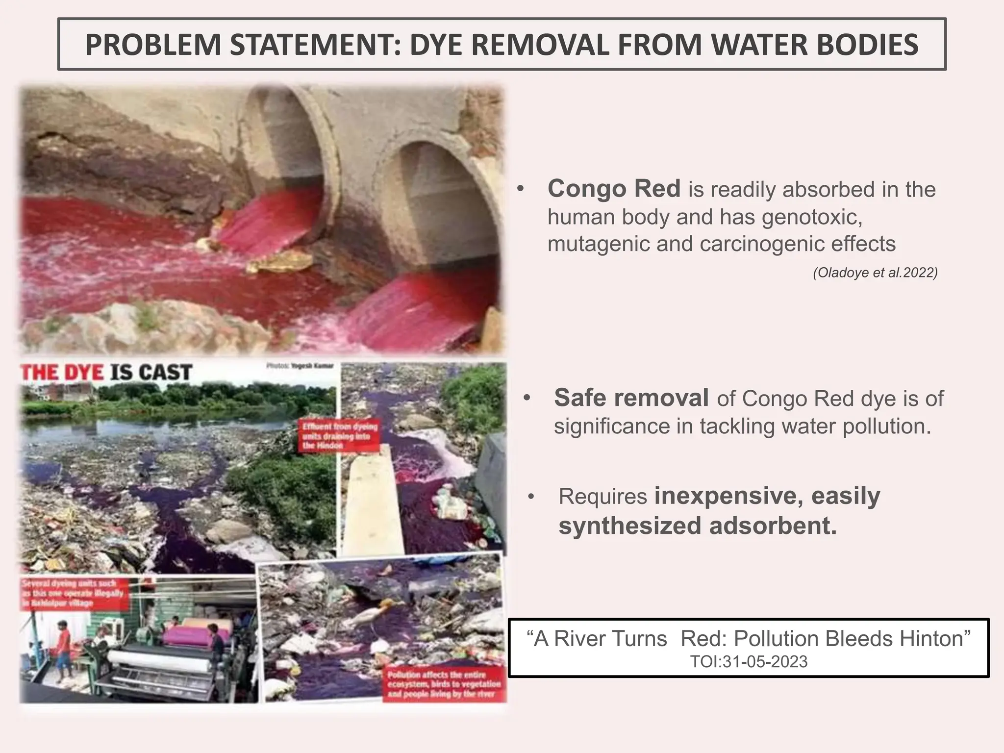 PROBLEM STATEMENT: DYE REMOVAL FROM WATER BODIES
• Congo Red is readily absorbed in the
human body and has genotoxic,
mutagenic and carcinogenic effects
(Oladoye et al.2022)
“A River Turns Red: Pollution Bleeds Hinton”
TOI:31-05-2023
• Safe removal of Congo Red dye is of
significance in tackling water pollution.
• Requires inexpensive, easily
synthesized adsorbent.
 
