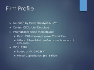 Firm Profile 
 Founded by Pierre Omidyar in 1995 
 Current CEO: John Donahoe 
 International online marketplace 
 Over 15000 employees in over 39 countries 
 Millions of items listed on eBay across thousands of 
categories. 
 IPO in 1998 
 Traded as NASDAQ:EBAY 
 Market Capitalization: $68.18 Billion 
 