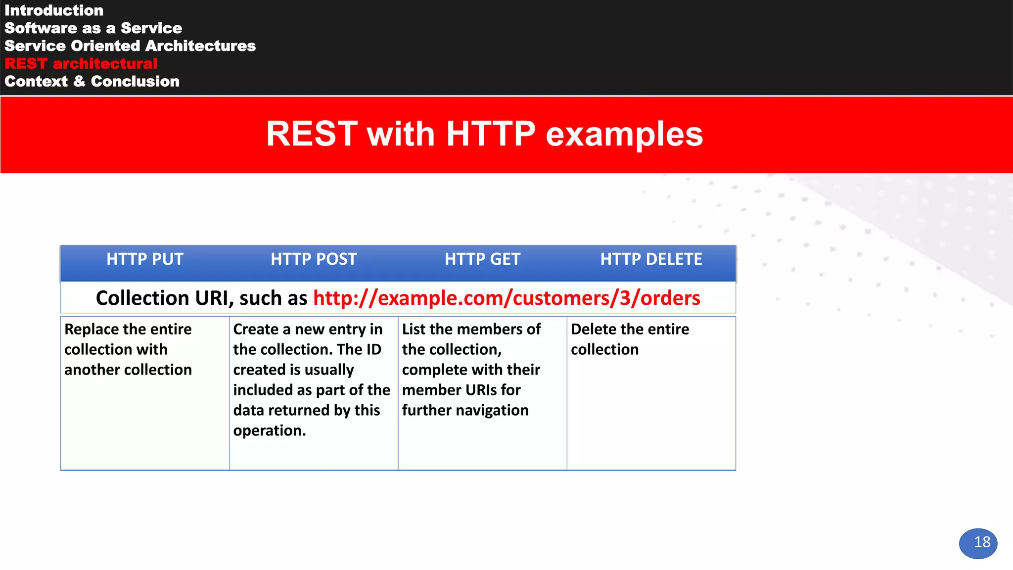 18
Introduction
Software as a Service
Service Oriented Architectures
REST architectural
Context & Conclusion
REST with HTTP examples
HTTP PUT HTTP POST HTTP GET HTTP DELETE
Collection URI, such as http://example.com/customers/3/orders
Replace the entire
collection with
another collection
Create a new entry in
the collection. The ID
created is usually
included as part of the
data returned by this
operation.
List the members of
the collection,
complete with their
member URIs for
further navigation
Delete the entire
collection
 