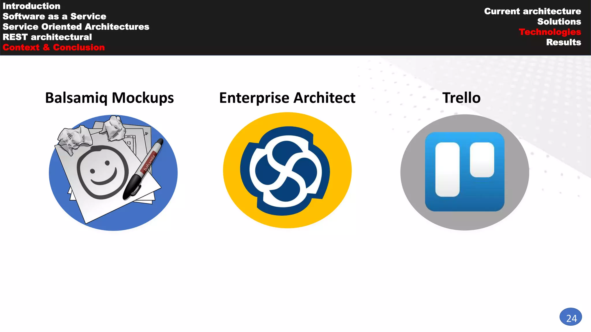 24
Introduction
Software as a Service
Service Oriented Architectures
REST architectural
Context & Conclusion
Current architecture
Solutions
Technologies
Results
Balsamiq Mockups Enterprise Architect Trello
 