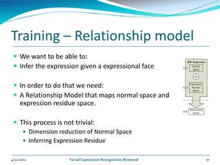 Training – Relationship model
  We want to be able to:
  Infer the expression given a expressional face

  In order to do that we need:
  A Relationship Model that maps normal space and
     expression residue space.

  This process is not trivial:
     Dimension reduction of Normal Space
     Inferring Expression Residue


4/22/2012            Facial Expression Recognition/Removal   17
 