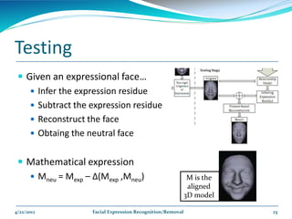 Testing
  Given an expressional face…
     Infer the expression residue
     Subtract the expression residue
     Reconstruct the face
     Obtaing the neutral face


  Mathematical expression
    Mneu = Mexp – Δ(Mexp ,Mneu)                            M is the
                                                            aligned
                                                           3D model

4/22/2012          Facial Expression Recognition/Removal               23
 