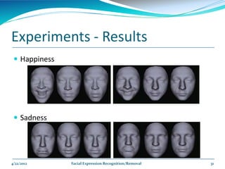 Experiments - Results
  Happiness




  Sadness




4/22/2012      Facial Expression Recognition/Removal   31
 