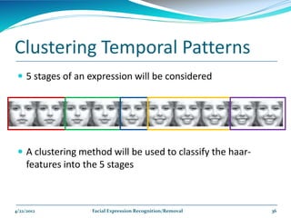 Clustering Temporal Patterns
  5 stages of an expression will be considered




  A clustering method will be used to classify the haar-
     features into the 5 stages



4/22/2012           Facial Expression Recognition/Removal   36
 