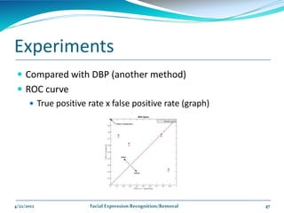 Experiments
  Compared with DBP (another method)
  ROC curve
     True positive rate x false positive rate (graph)




4/22/2012            Facial Expression Recognition/Removal   47
 