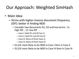 Our Approach: Weighted SimHash 
• Main Idea: 
– Terms with higher inverse document frequency 
(IDF): better in finding NDD 
• Consider two documents D1, D2 and two terms: t1: 
high IDF , t2: low IDF - 
– Case I: both D1 and D2 has t1 
– Case II: both D1 and D2 has t2 
– Case III: None of them have t1 
– Case IV: None of them have t2 
• D1,D2 more likely to be NDD in Case I then in Case II 
• D1,D2 more likely to be NDD in Case IV then in Case III 
16 
 