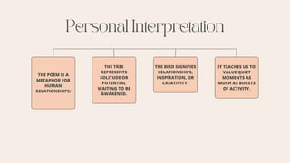 Personal Interpretation
THE TREE
REPRESENTS
SOLITUDE OR
POTENTIAL
WAITING TO BE
AWAKENED.
THE BIRD SIGNIFIES
RELATIONSHIPS,
INSPIRATION, OR
CREATIVITY.
IT TEACHES US TO
VALUE QUIET
MOMENTS AS
MUCH AS BURSTS
OF ACTIVITY.
THE POEM IS A
METAPHOR FOR
HUMAN
RELATIONSHIPS:
 