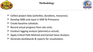 Methodology
 Collect project data (activities, durations, resources).
 Develop WBS and input in MSP & Primavera.
 Create baseline schedule.
 Record actual progress from site visits.
 Conduct lagging analysis (planned vs actual).
 Apply Critical Path Method and Earned Value Analysis.
 Generate dashboards & reports for visualization.
 