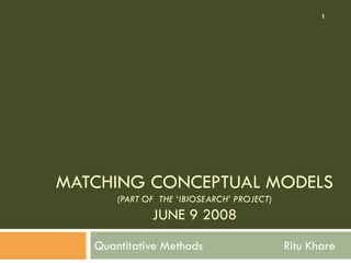 1

MATCHING CONCEPTUAL MODELS
(PART OF THE ‘IBIOSEARCH’ PROJECT)

JUNE 9 2008
Quantitative Methods

Ritu Khare

 